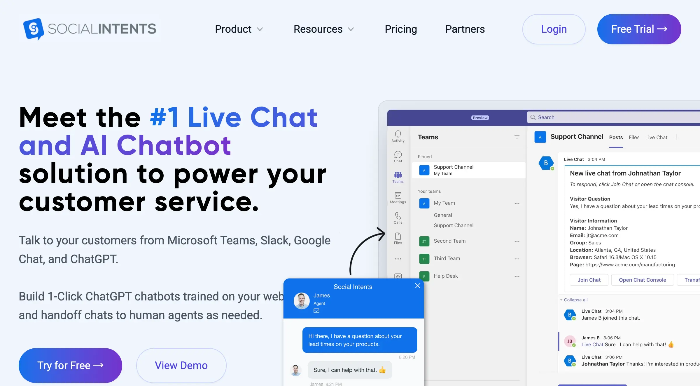 Social Intents | Live-Chat für die Website für Microsoft Teams und Slack + KI-Chatbots